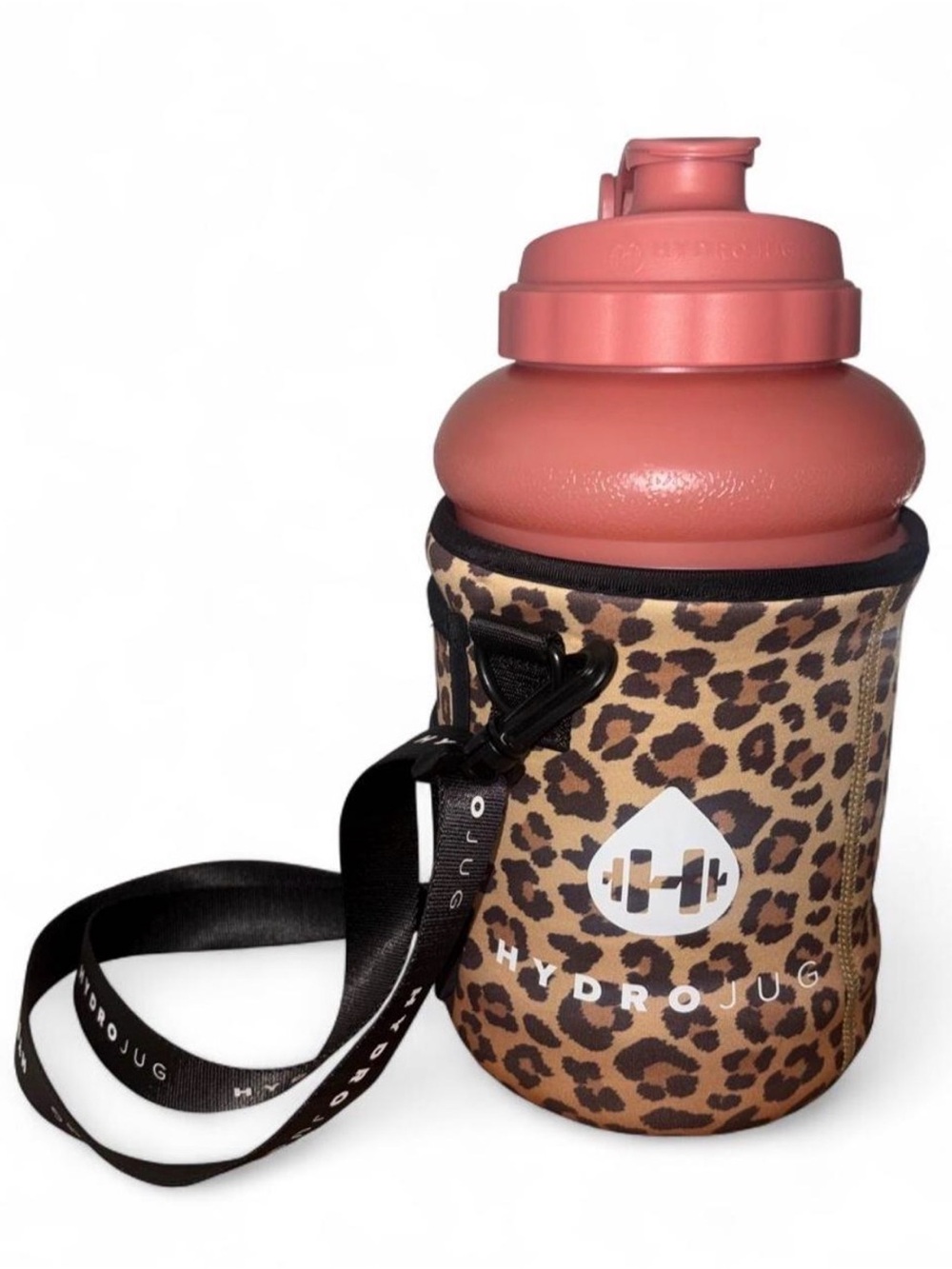 HydroJug 1 Gallon Salmon Water Jug + Cheetah Print Sleeve
